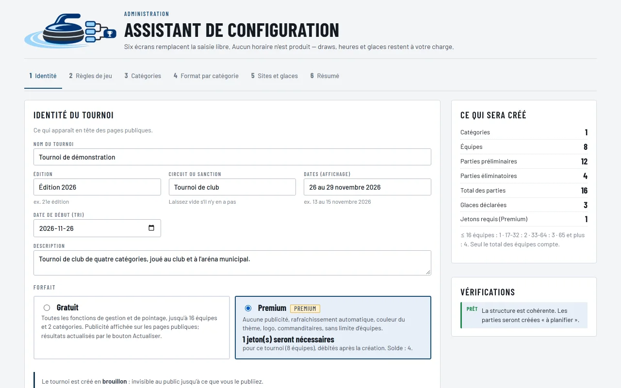 Assistant de configuration, écran Identité du tournoi avec le panneau Ce qui sera créé