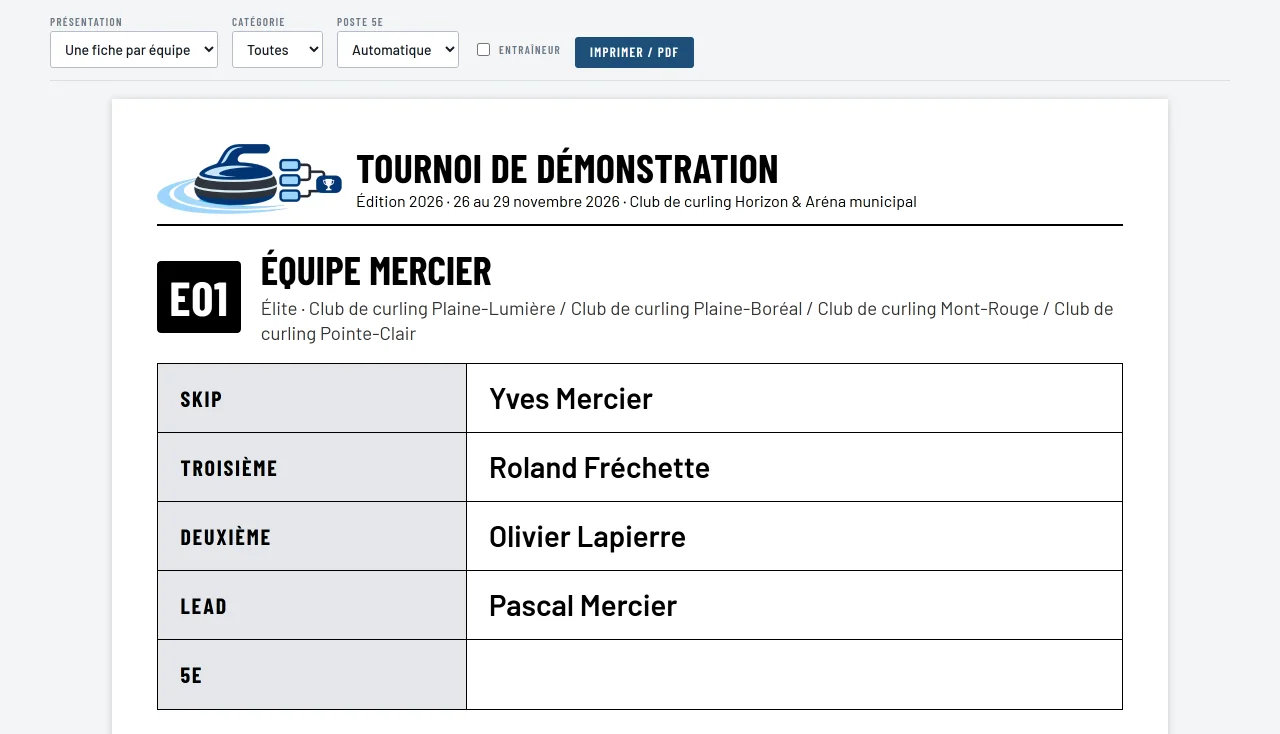 Page d'impression des équipes : une fiche par équipe avec le code, le nom et les quatre postes en gros caractères