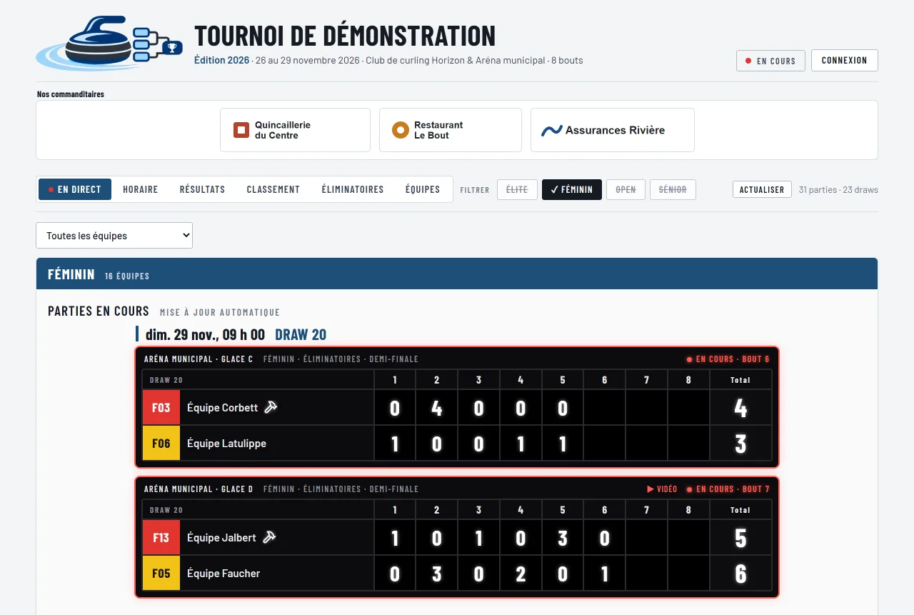 Page publique d'un tournoi : bandeau de commanditaires sous l'en-tête, onglet En direct avec des panneaux de pointage