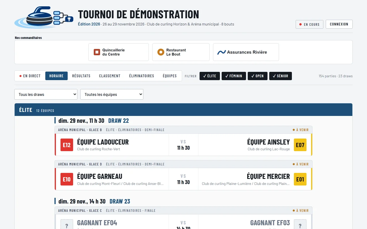 Onglet Horaire d'un tournoi, parties regroupées par draw